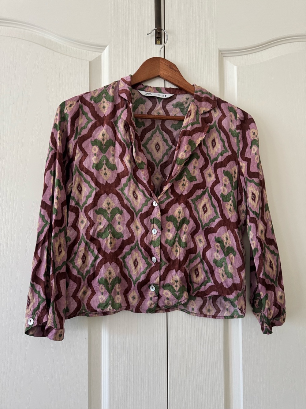 Zara Floral Geometric Button-Front Shirt - Pink & Green